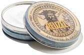 Geopende ronde blikken verpakking Reuzel baardbalsem met logo van een piraat en 35g inhoud.