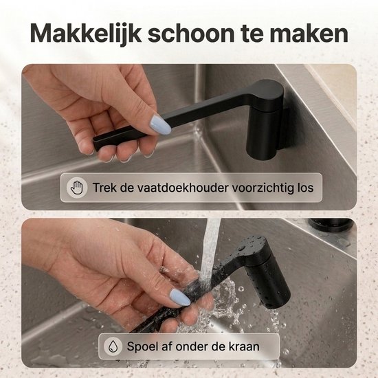 Zwarte magnetische vaatdoekhouder die gemakkelijk losgehaald en afgespoeld kan worden onder de kraan.