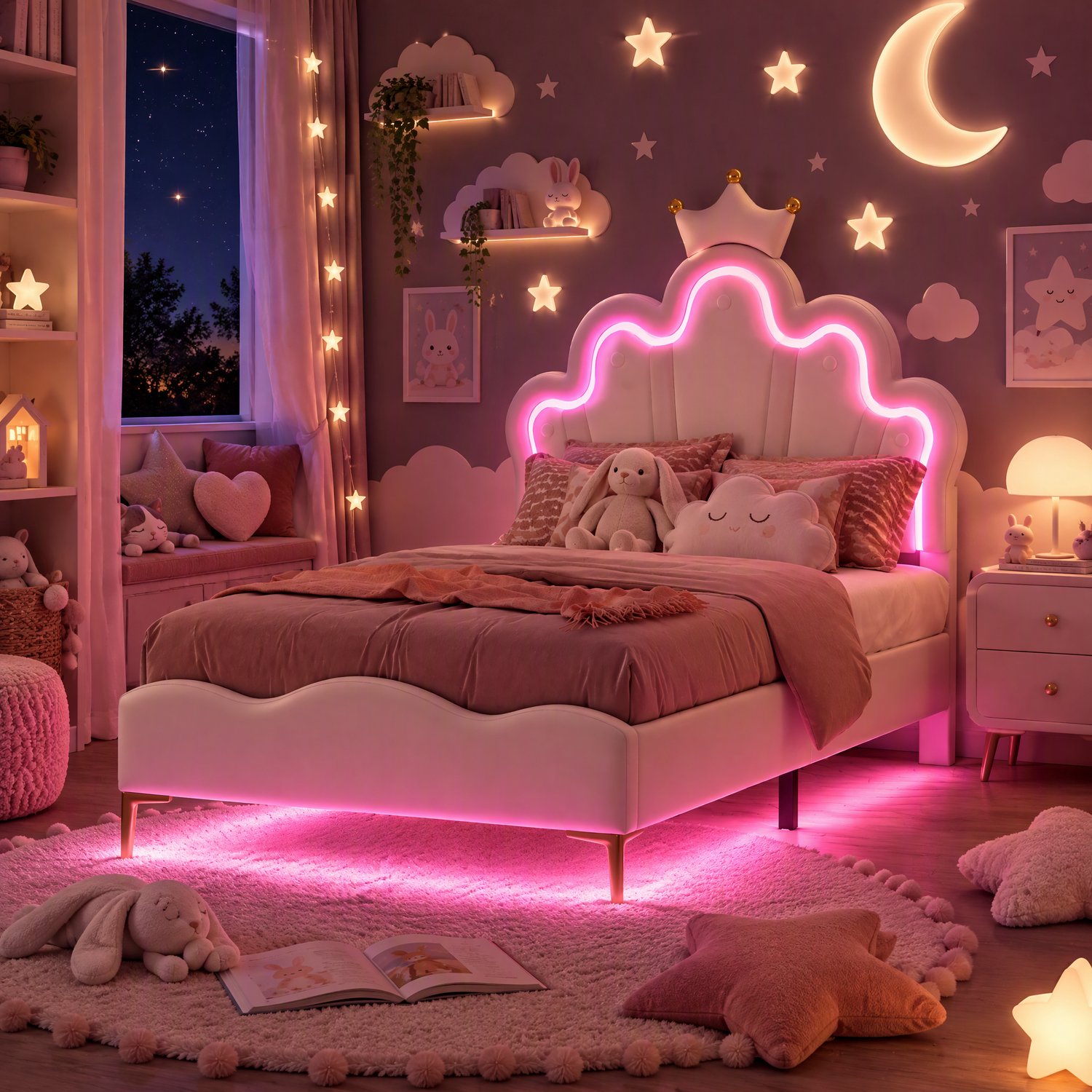 MEXUS Kinderbed 90x200 cm, eenpersoonsbed met lattenbodem en ledverlichting, gestoffeerd bed met wolkvormig hoofdeinde, prinsessenbed, kroonbed, PU wit