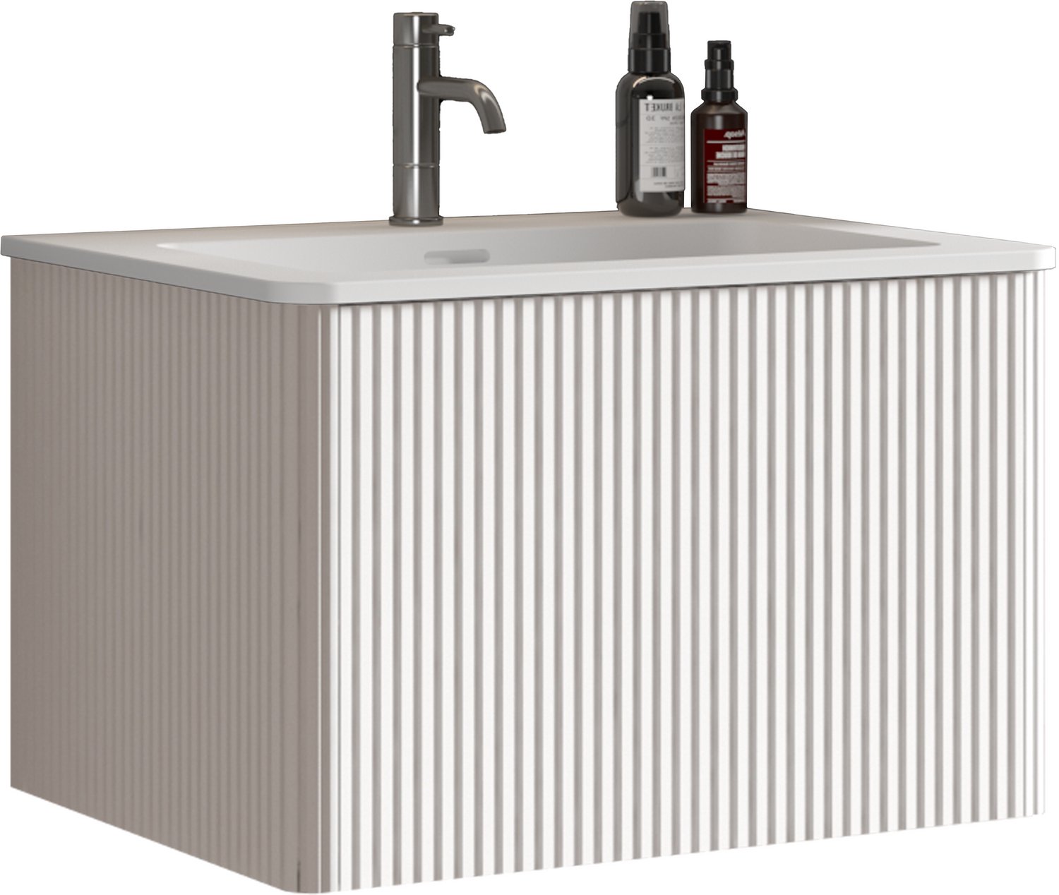 Wastafelmeubel 60 cm voor kleine badkamer - Wandhangend met witte mineraalgietwerk wastafel, ruime lade en verticaal ribbeldesign, wit