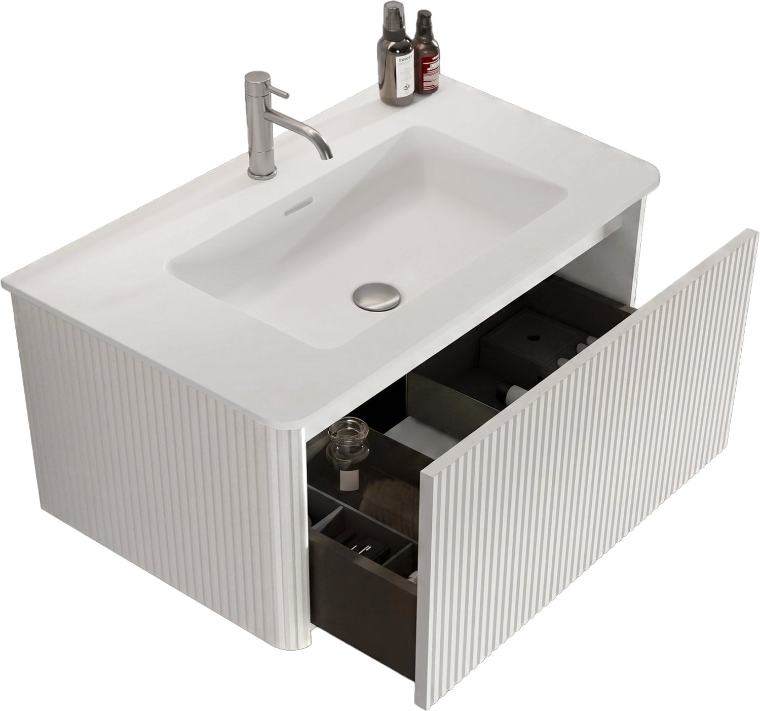 Wastafelmeubel 80 cm - Badkamermeubel met mineraalmarmeren wastafel en ruime laden - Wandhangend, wit met ribbeldesign - 81 x 46,5 x 37 cm