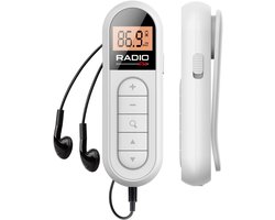 Draagbare zak-FM-radio (met riemclip en oplaadbare batterij) — noodradio — wit — lange batterijduur — automatische zenderzoekfunctie — toetsenvergrendeling — verlicht display — slaaptimer — digitaal minidisplay — ideaal voor wandelen of hardlopen.
