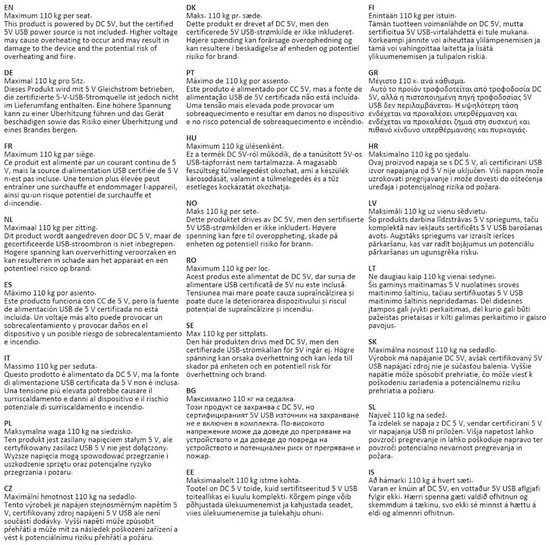Informatieblad met veiligheidsvoorschriften over het maximale gewicht van 110 kg en stroomvereisten in meerdere talen.
