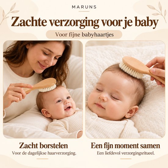 MARUNS Baby Haarborstel – Zachte Babyborstel – 100% Natuurlijk Geitenhaar & Beukenhout – Haarverzorging voor Baby’s — afbeelding 2