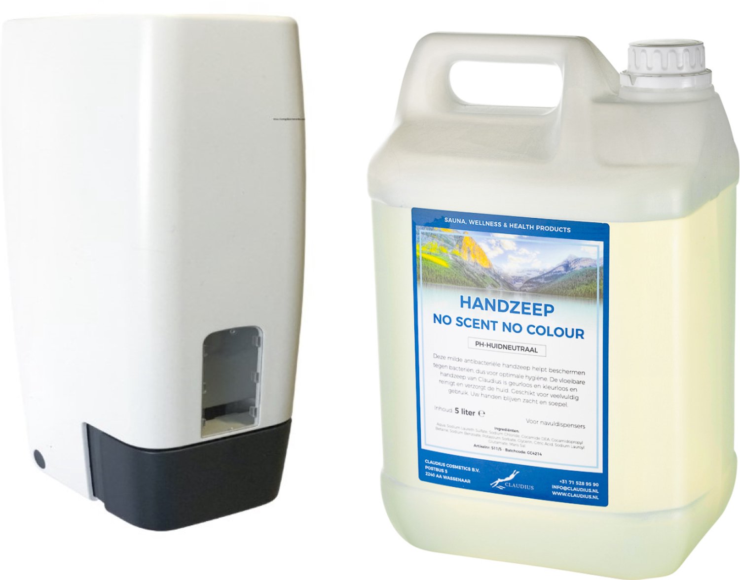 Claudius Zeepdispenser 1 liter kunststof hervulbaar + 5 liter jerrycan Handzeep No Scent, No Colour - voordeelverpakking - navulling
