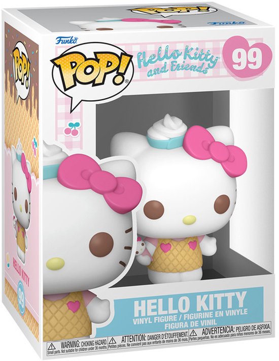 Funko Pop figuur 99 van Hello Kitty als ijsje met roze strik en wafelpatroon in een verzameldoos.