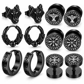 6 delige set Zwarte oorbellen voor heren – oorringen en oorstekers met Viking symbolen en wolf design – metalen oorbellen set met rune en Noords motief