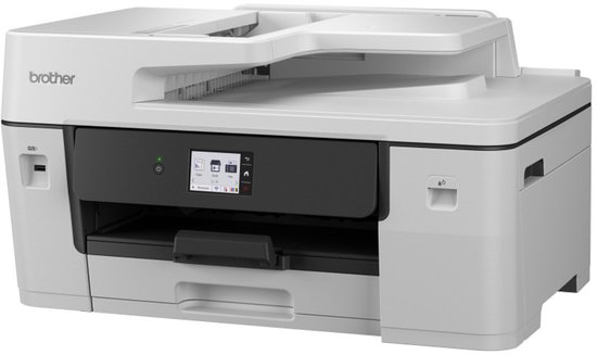 Witte en zwarte Brother multifunctionele A3-inkjetprinter met centraal touchscreen en papierlade.