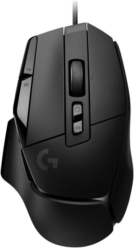 Zwarte Logitech G bedrade gamingmuis met G-logo, scrolwiel en G7-, G8- en G9-knoppen.