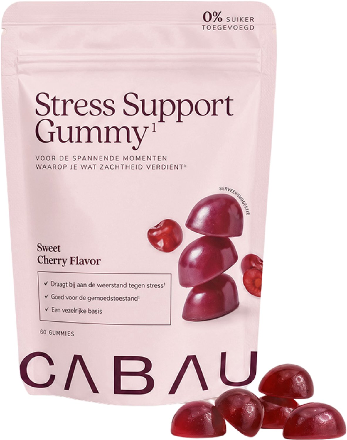 Cabau - Stress Support Gummy - Sweet Cherry - L-theanine, Lactium & Folaat - 60 Gummies