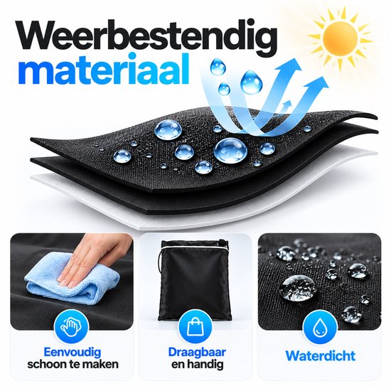 Weerbestendig materiaal met weergave van reiniging met een doek, opbergtas en waterafstotend oppervlak.