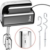 Zwarte en zilverkleurige Broba handmixer met garde- en deeghaken, inclusief detailweergave van de snelheidsregelaar.