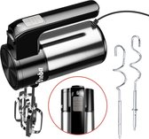 Zwarte Broba handmixer met roestvrijstalen behuizing, digitale snelheidsregeling, kloppers en deeghaken.