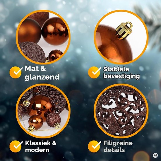 Detailopnames van koperen kerstballen met diverse texturen. Tekst: Mat & glanzend, filigreine details.