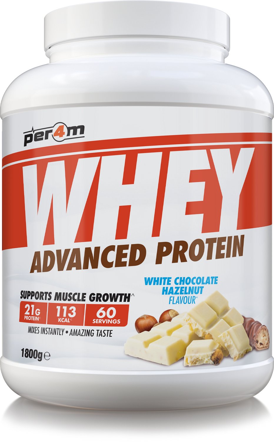 Per4m - Advanced Whey Protein - White Chocolate Hazelnut - Proteine poeder - Eiwit shake - Eiwitpoeder - 2.01kg - Whey Protein - Eiwitshakes - Whey Proteine - Protein - Proteine - Proteine Shake - Shake - Fitness - Krachttraining - Gym