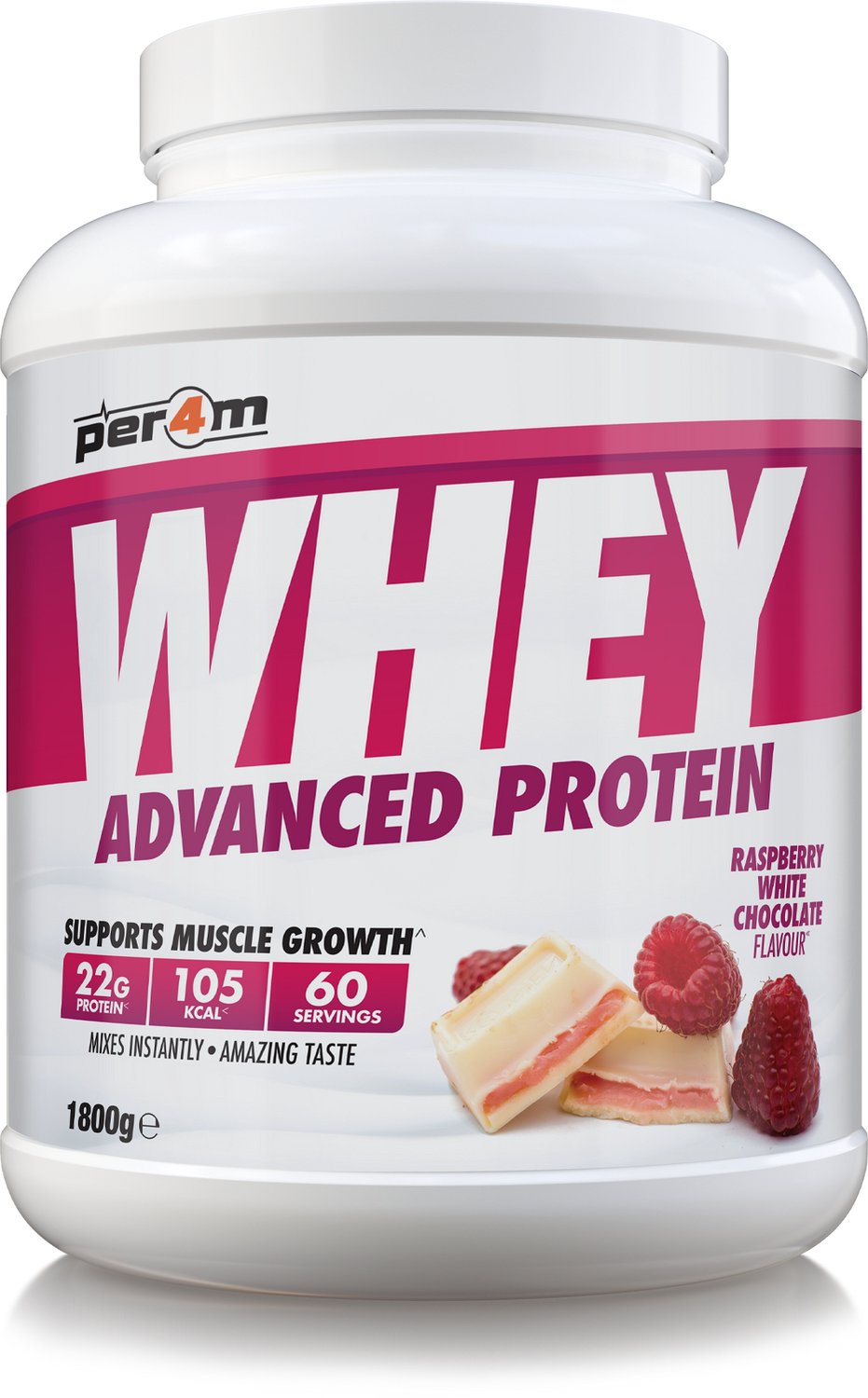 Per4m - Advanced Whey Protein - Raspberry White Chocolate - Proteine poeder - Eiwit shake - Eiwitpoeder - 2.01kg - Whey Protein - Eiwitshakes - Whey Proteine - Protein - Proteine - Proteine Shake - Shake - Fitness - Krachttraining - Gym