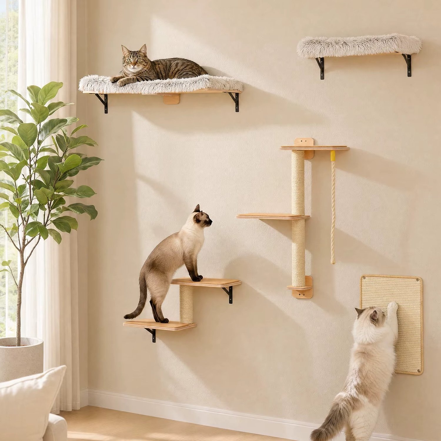CreateEcom klimmuur kat - kattenplank - Houten kattenklimwandplanken 5-in-1 kattenwandmeubilair met zitstokken - sisal krabpalen & krabmatten - klimtouwen - moderne klimset voor binnenkatten - accessoires - katten speelgoed