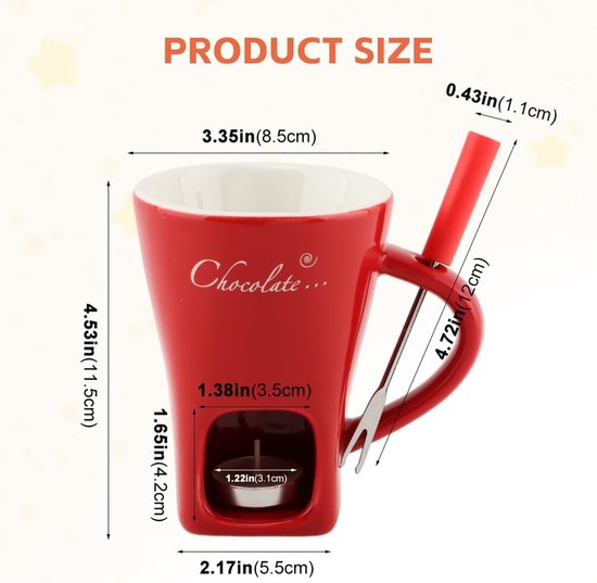 Chocolade Fondue Set - Keramische Chocolade Fondue Mok - Perfect Smelten & Warmhouden - Mini Chocoladefondue met Vorkjes - Inclusief Vork - Compact 130ml - Voor Dessert Fruit Kaas - Mini Fondue Beker Chocoladepot - Rode — cadeau in Kookcadeaus - foto 8