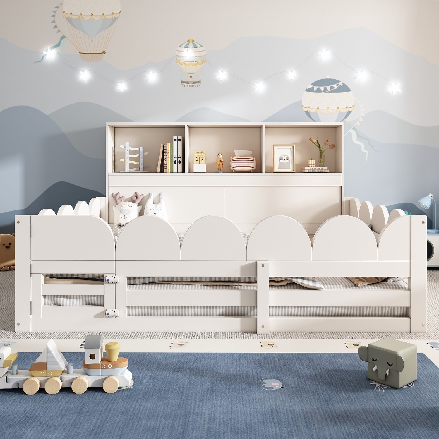 Welltin Vloerbed kinderen 140x190 cm - Uitvalbeveiliging - Deurtje - Open opbergvakken - Houten kinderbed - Wit