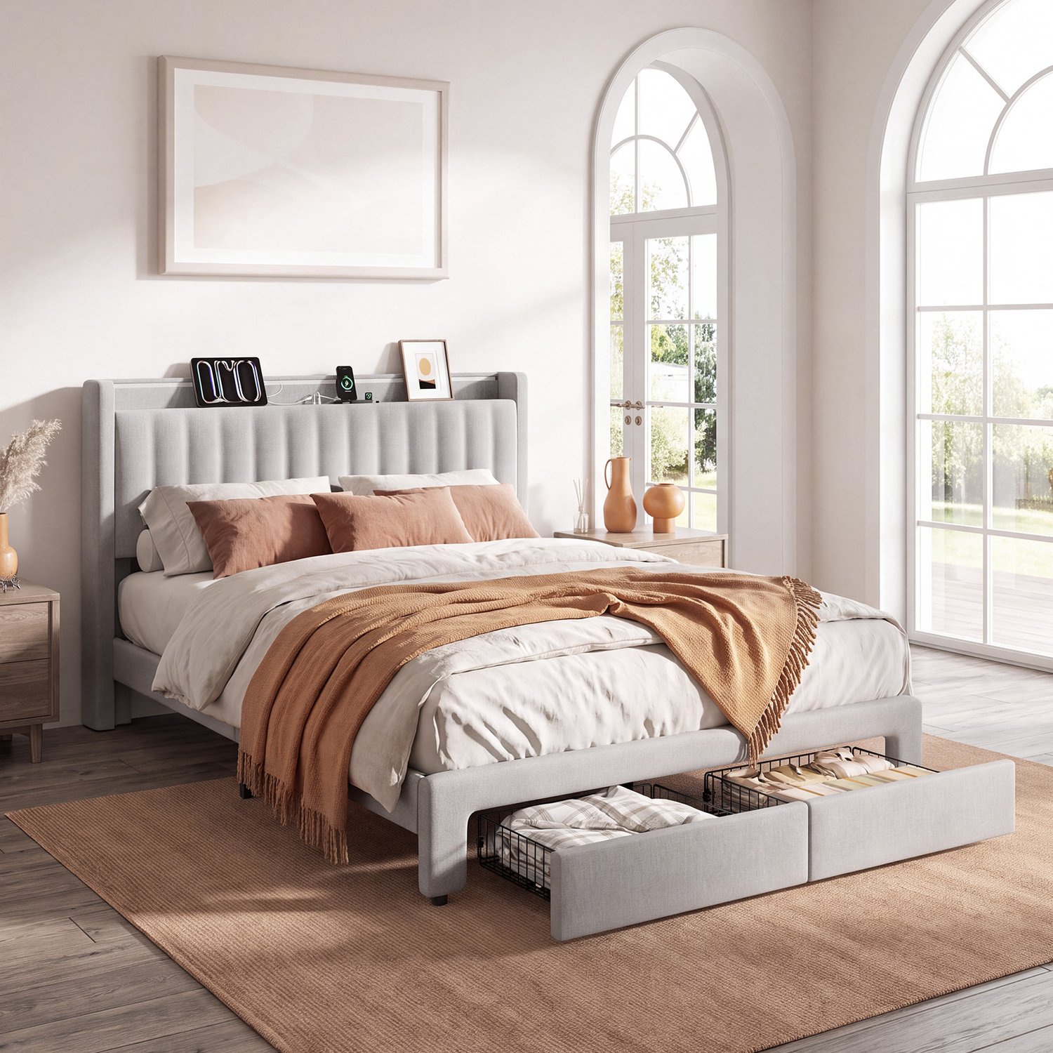 KUTAS Tweepersoonsbed 140x190 cm - 2 Persoons Bed - Draagkracht 500 kg - LED-verlichting - USB-A & USB-C Oplaadpoorten - Opberglades aan het Voeteneinde - Met Hoofdbord en Lattenbodem - Antislip - Grijs