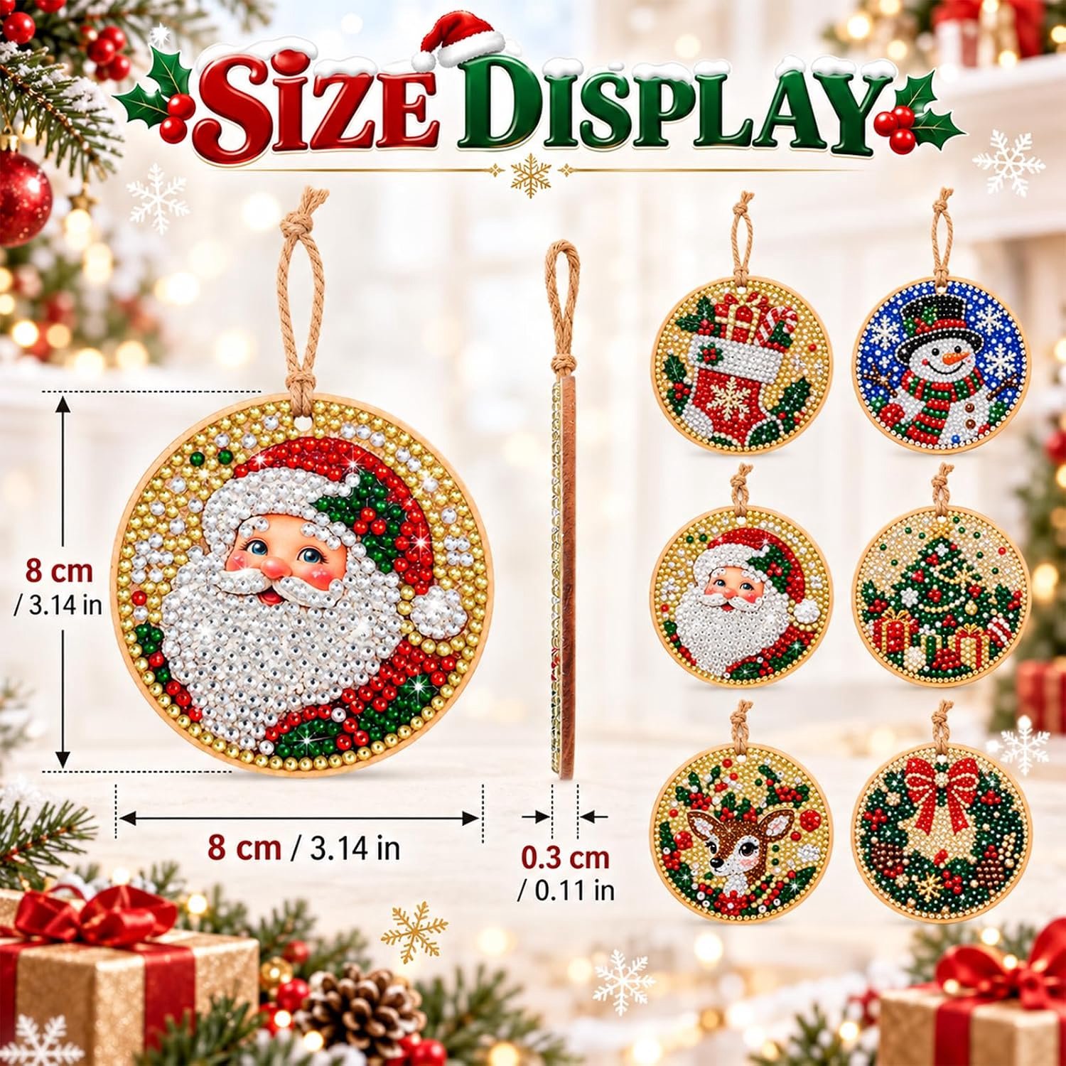 6-delige doe-het-zelfset met houten kerstornamenten - Ronde Houten Hangers - houten diamant schilderij kerst - Diamond Painting Kerstornamenten - Kerst Diamond Painting Set - Kerstboomversiering - Kerstcadeau – foto 3