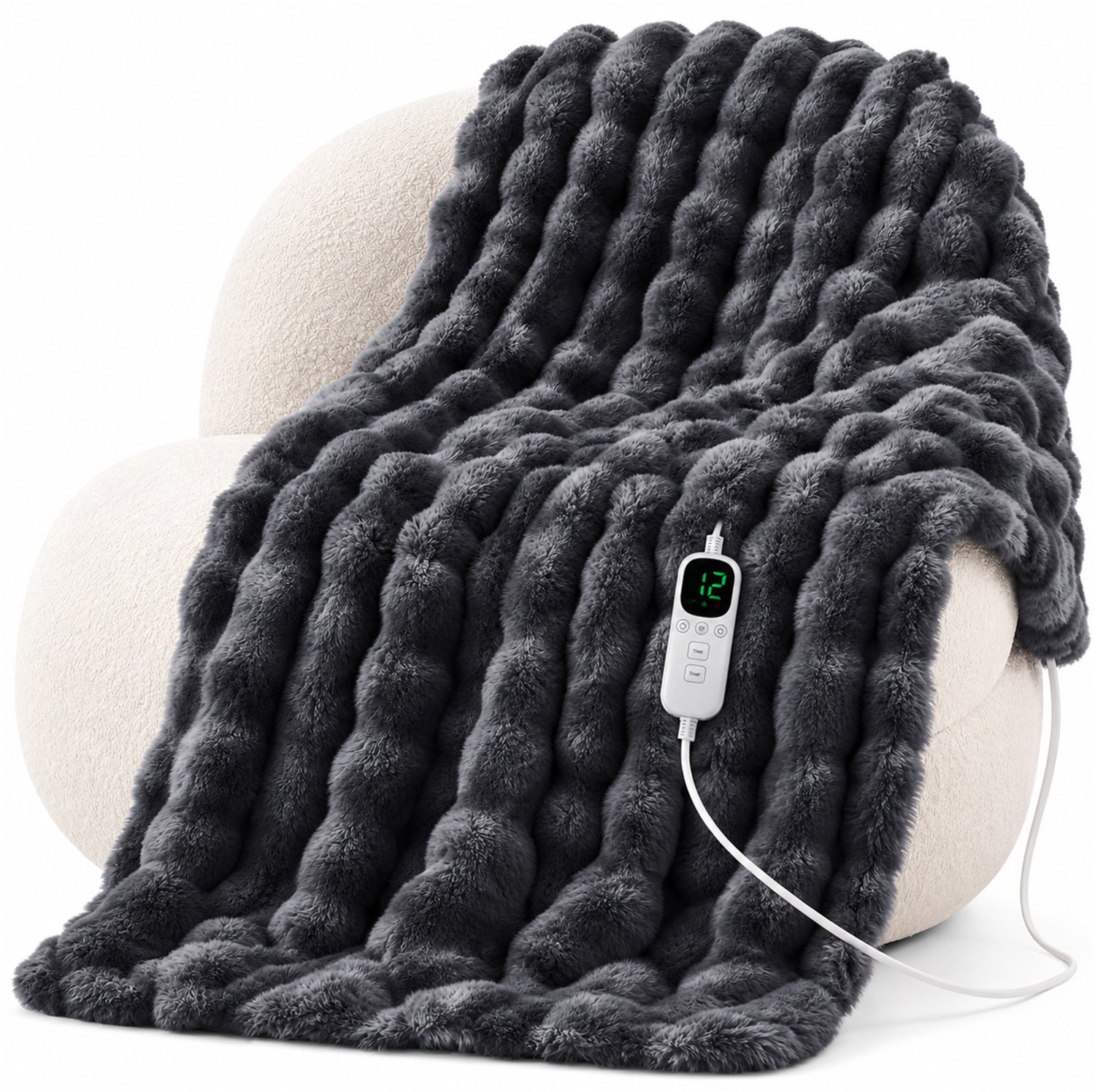 Elektrische deken voor 2 personen - 180 x 150 cm - warme bovendeken - dubbelzijdig zacht konijnenpluche - antracietgrijs - voor bank en bed
