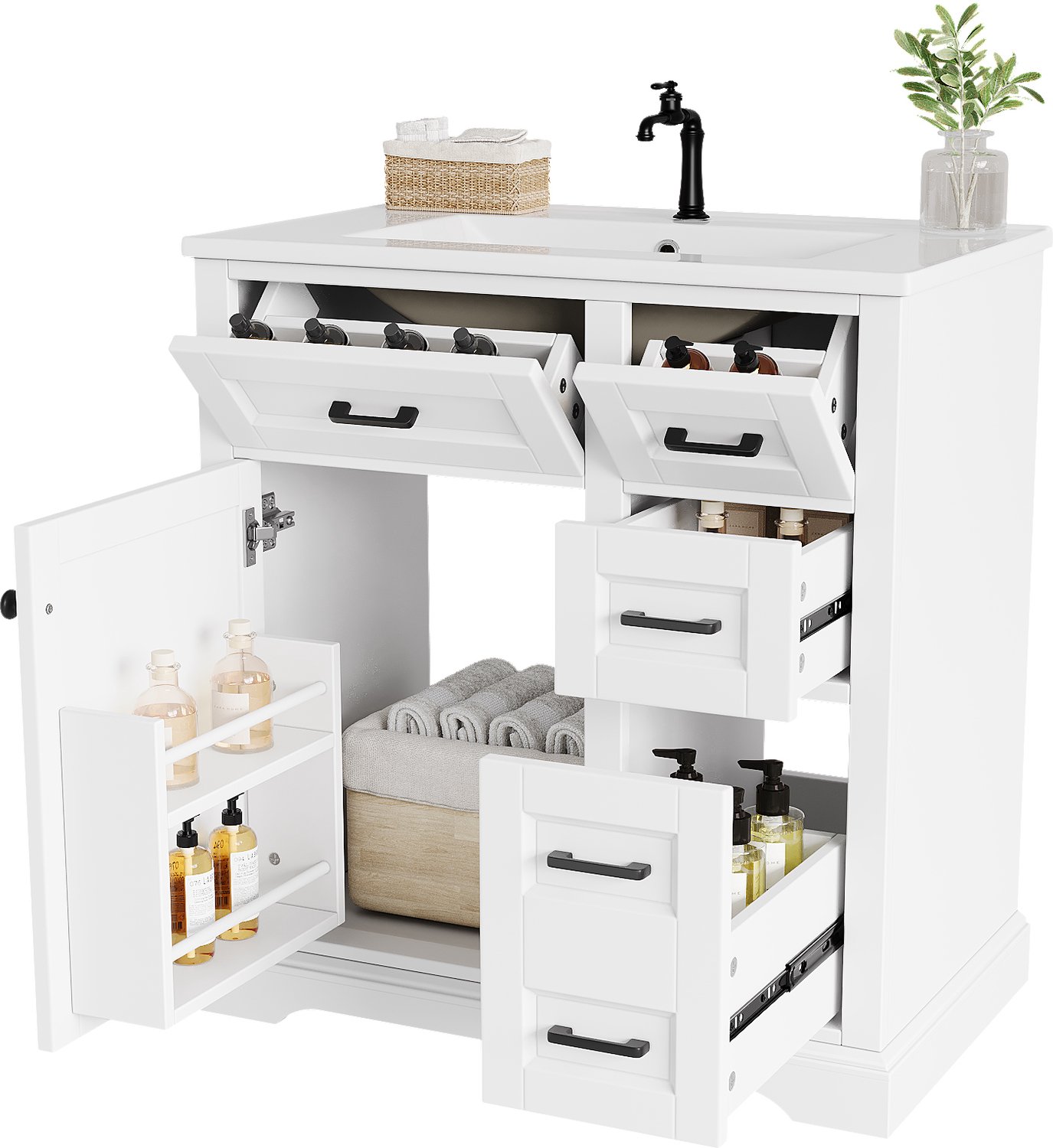 Wastafelkast - 76 x 47 x 82 cm - Met Keramische Wastafel, 1 Deur En 4 Lades - Vloerstaand Badkamermeubel Van Gelakt MDF - Wit