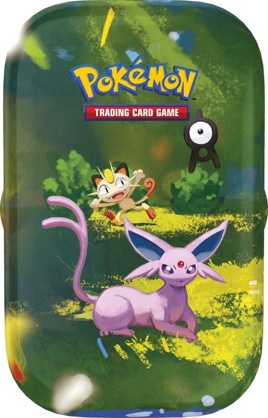 Pokémon TCG miniblik met glanzende afwerking, voorzien van Espeon, Meowth en Unown.