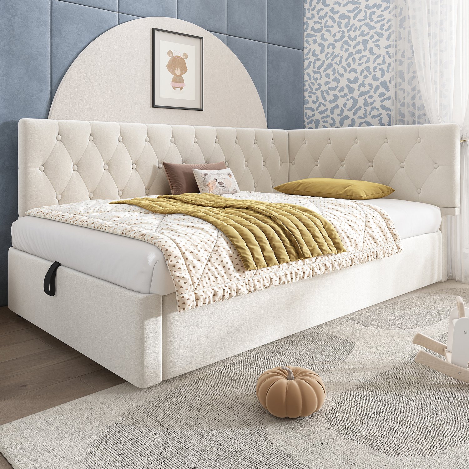 Welltin Eenpersoonsbed met opbergruimte - Fluwelen bedbank - Hydraulische opening - Houten lattenbodem - Logeerkamer - 90x200 cm - Beige