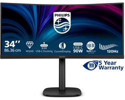 Philips 34B2U3600C - 34 inch Ultrawide Curved QHD Business Monitor - USB-C 90W - RJ45 - 120Hz - 5 jaar garantie