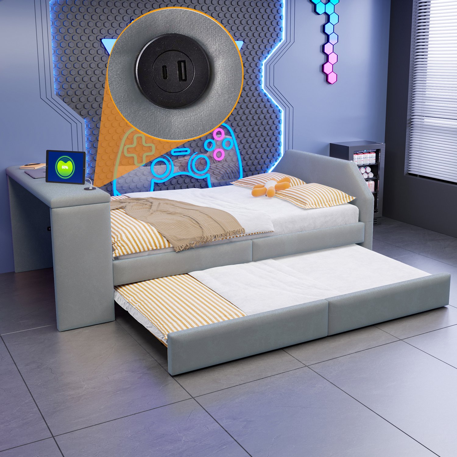 OOIILLEE Gepolsterd kinderbed 90*200 met geïntegreerd bureau, USB-oplaadpoort en uitschuifbaar logeerbed; fluwelen bedframe voor kinderkamer of logeerkamer Grijs