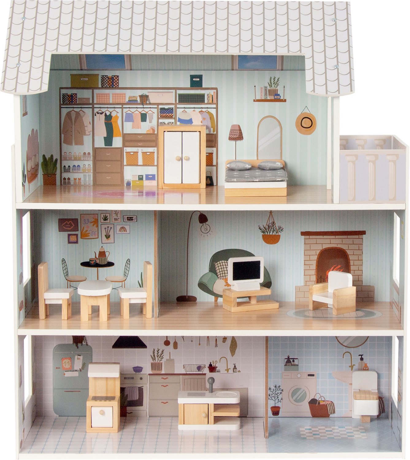 Sunny Yara Houten Poppenhuis – 61 x 27,5 x 69,5 cm – 3 Verdiepingen en 6 Kamers – Inclusief 11 Accessoires – Voor Poppen tot 20 cm – Vanaf 3 Jaar
