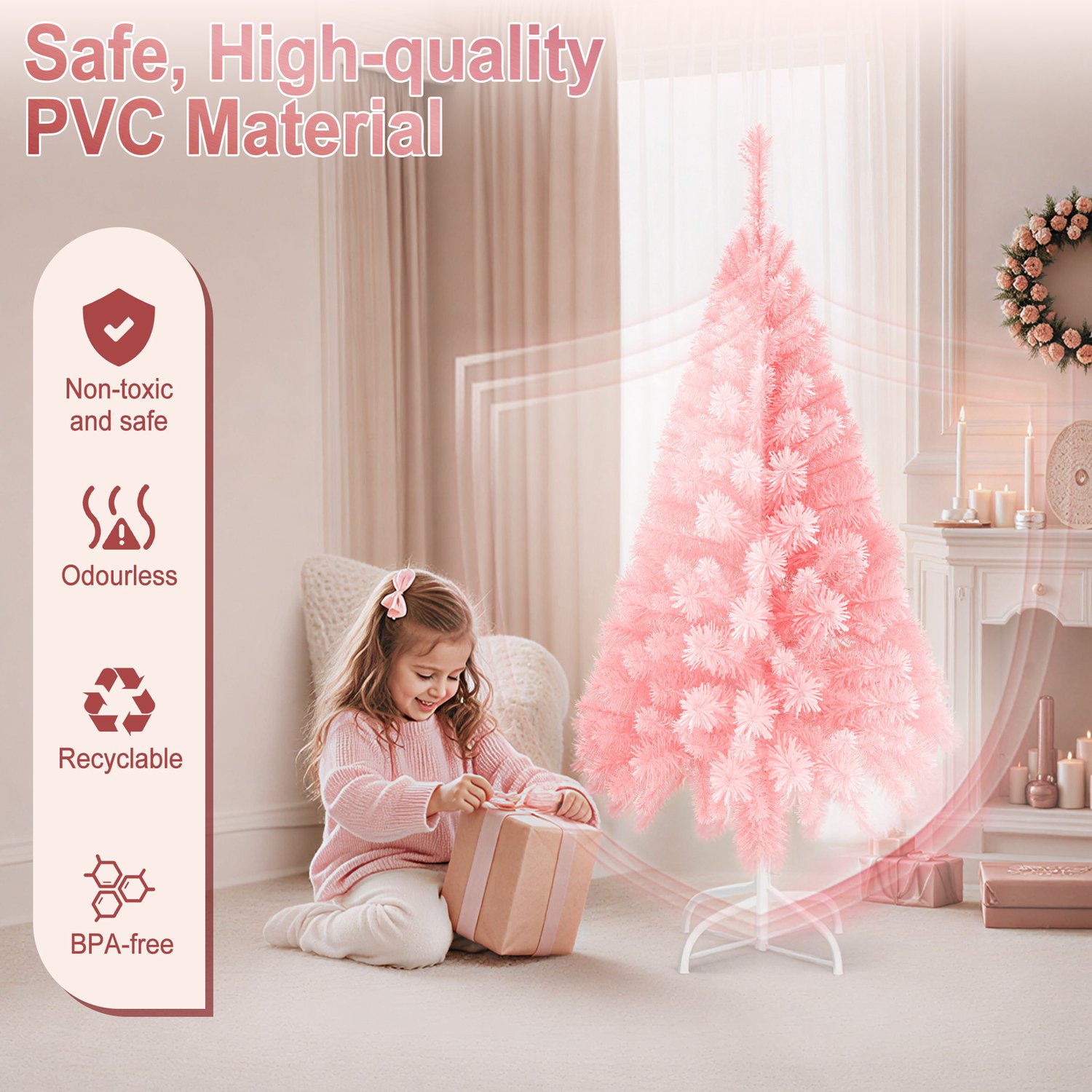 Kerstboom – 210cm Kunstkerstboom – Roze PVC – met Standaard – foto 4