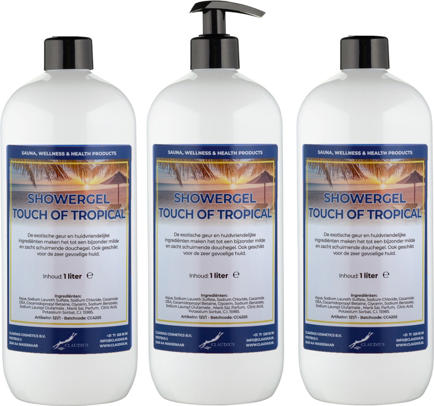 Claudius Douchegel Touch Of Tropical 1 liter - set van 3 stuks - met gratis zwarte pomp - navulling - voordeelverpakking