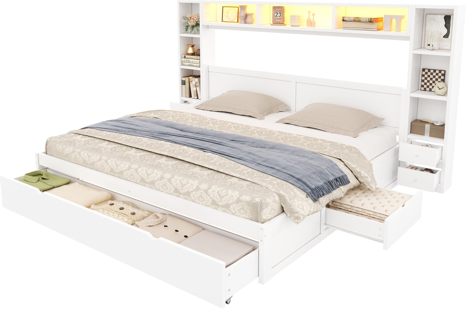 Merax Bed 180x200 cm - met hoofdbord en voetbord - 7 lades - meerdere opbergvakken - LED - wit