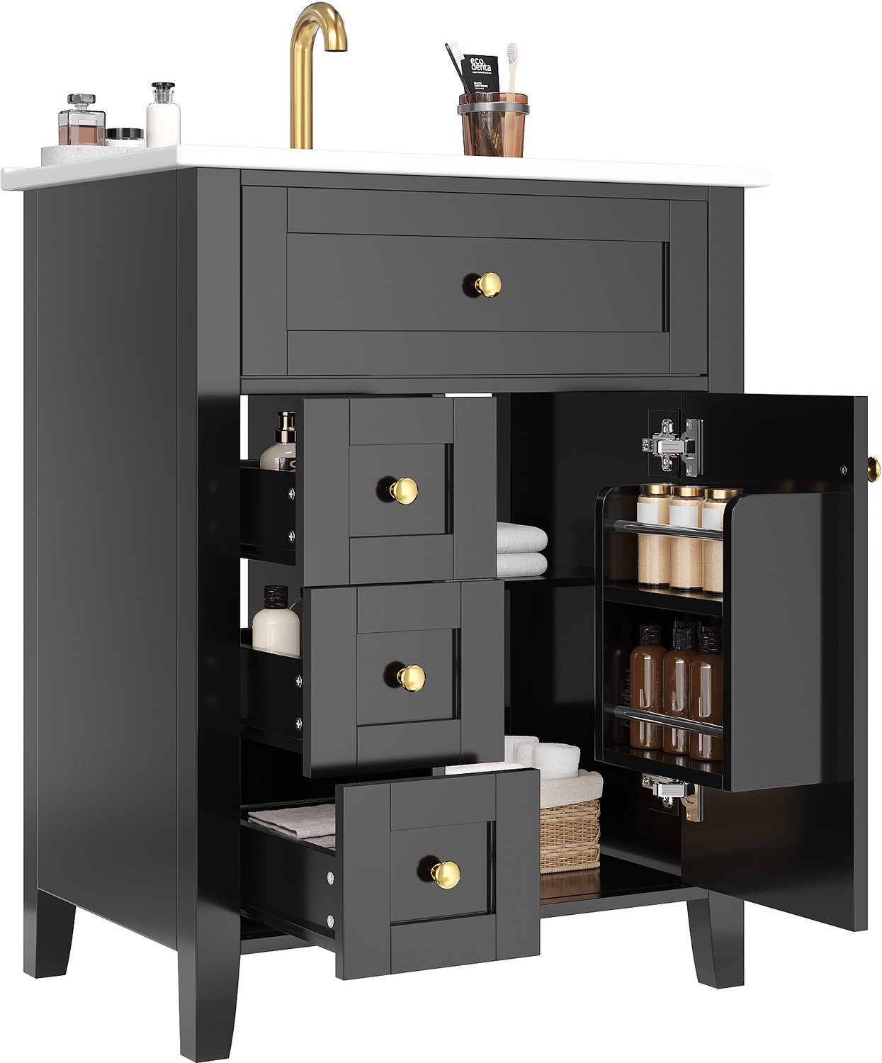Wastafelonderkast 61 cm - Badkamermeubel Met Keramische Wastafel, 3 Lades En Deur - Hoogglans Zwart MDF - Staand, 61 × 47 × 86 cm