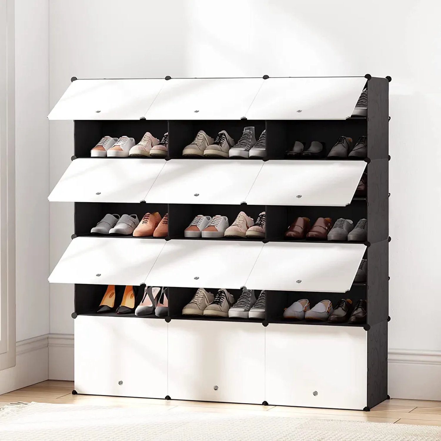 LEADZM Modulaire Schoenenkast - Wit/Zwart - 122 x 32 x 122 cm - 14 kunststof vakken