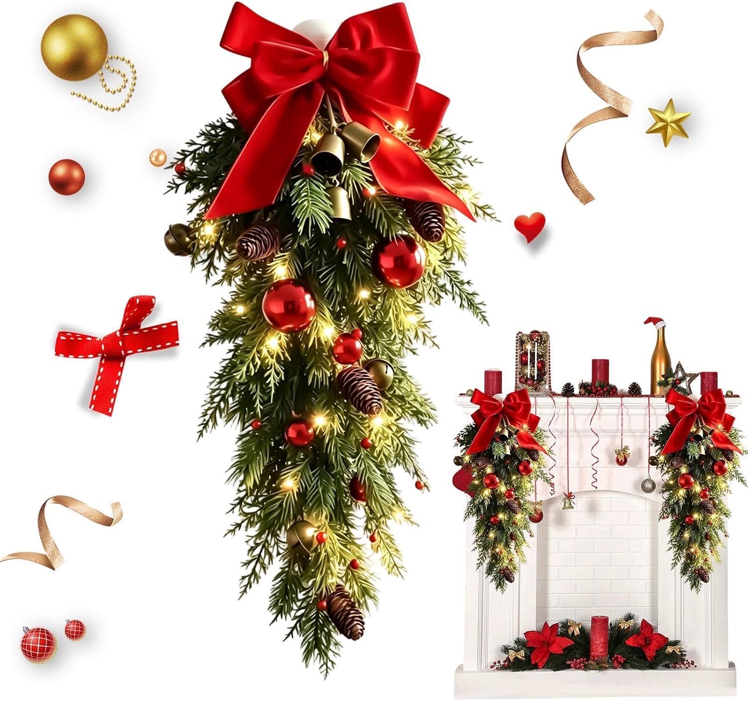 1 stuk - Kerstkrans - Kerstbelversiering - geschikt om op te hangen aan vloeren en deuren - strikversiering - Kerstdecoratie - met lichtjes - rood