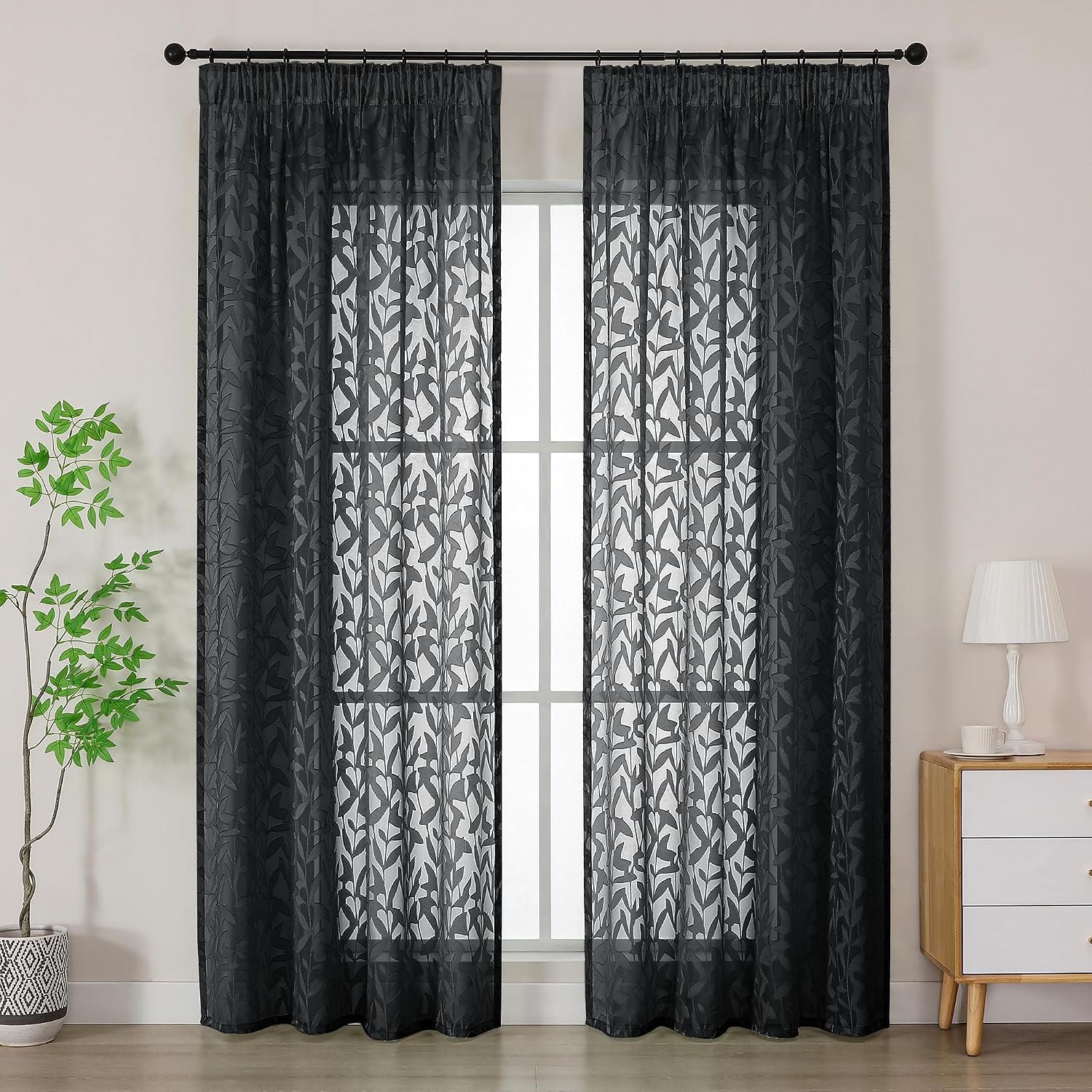Gardinen met bladmotief, zwart, 2-delig, H220 x B140 cm