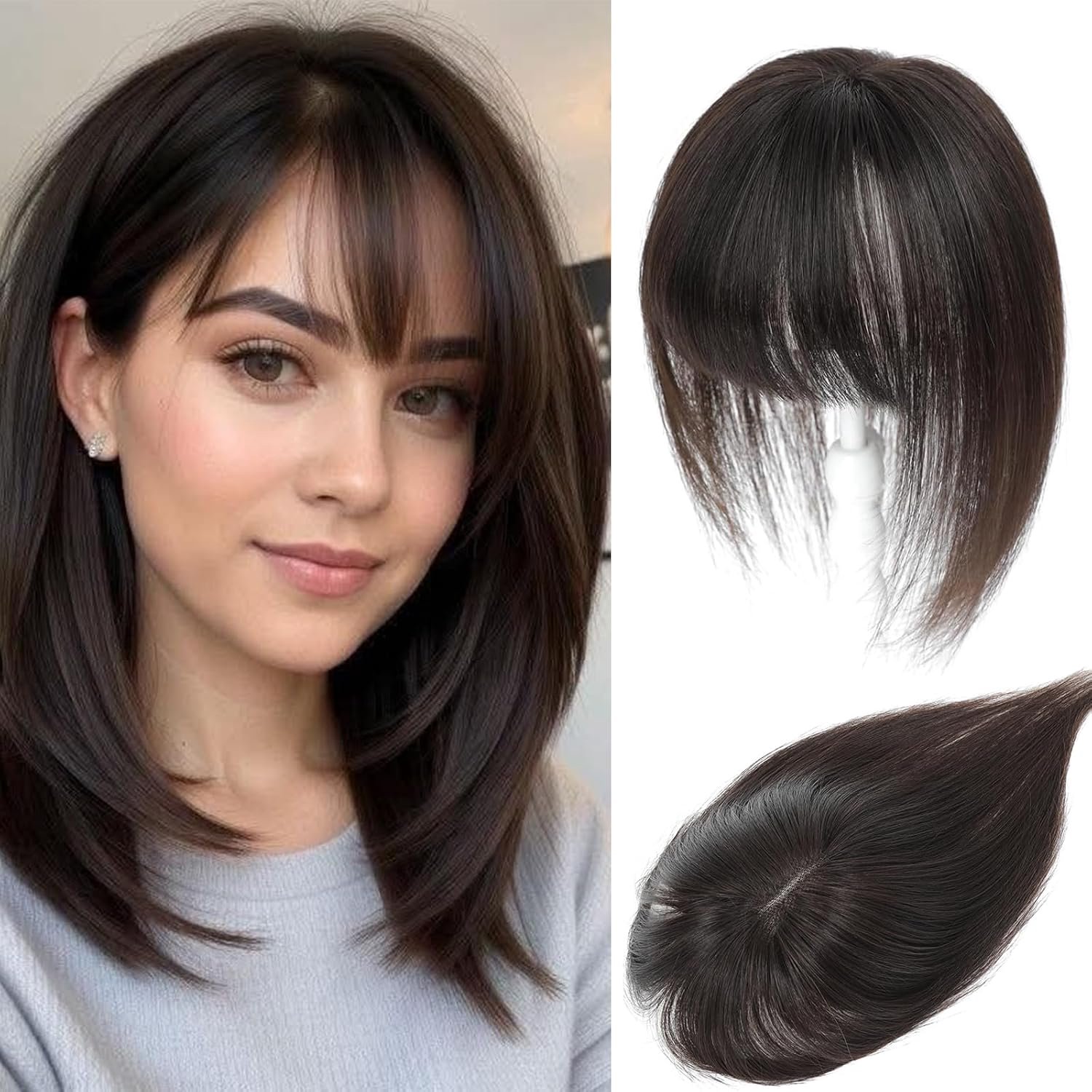 Haar toppers voor vrouwen, echt haar, met pony, handgenaaid, 360° 3D-dekking, voor dunner wordend haar