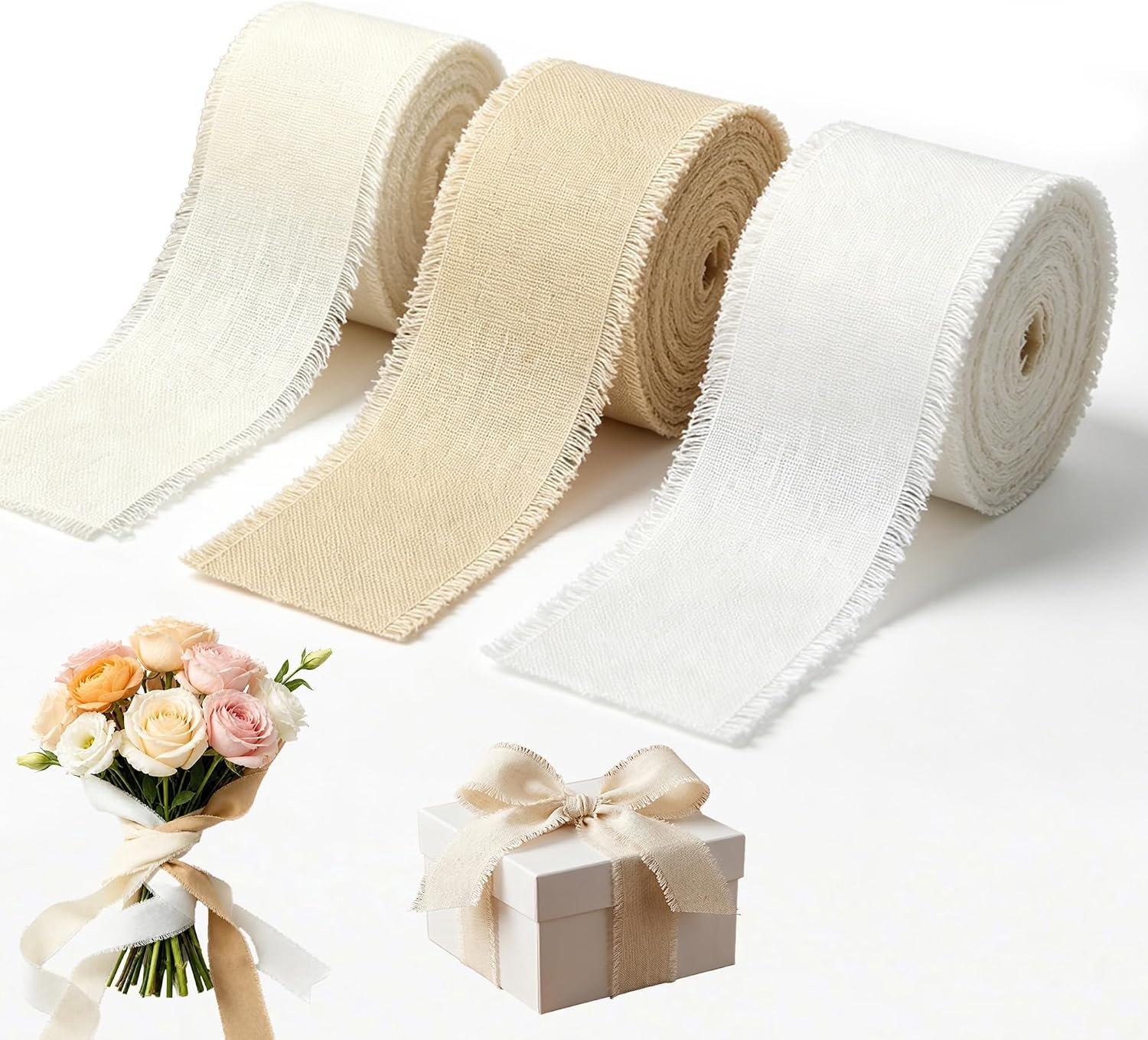 3 Rollen katoenen band 4 cm x 13,8 m, Uitgefranst