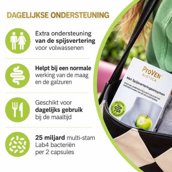 ProVen Biotica verpakking in tas met lijst van voordelen: spijsvertering, maag, dagelijks gebruik en 25 miljard bacteriën.