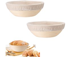 2-stuks Ronde rotan fermentatiemand - Zuurdesem fermentatiemand - Deegkneedmand - Bakgereedschap - Handgemaakte rotan mand - 20x8cm - Met stoffen hoes - Geschikt voor deegfermentatie en broodbakken - Gebroken wit