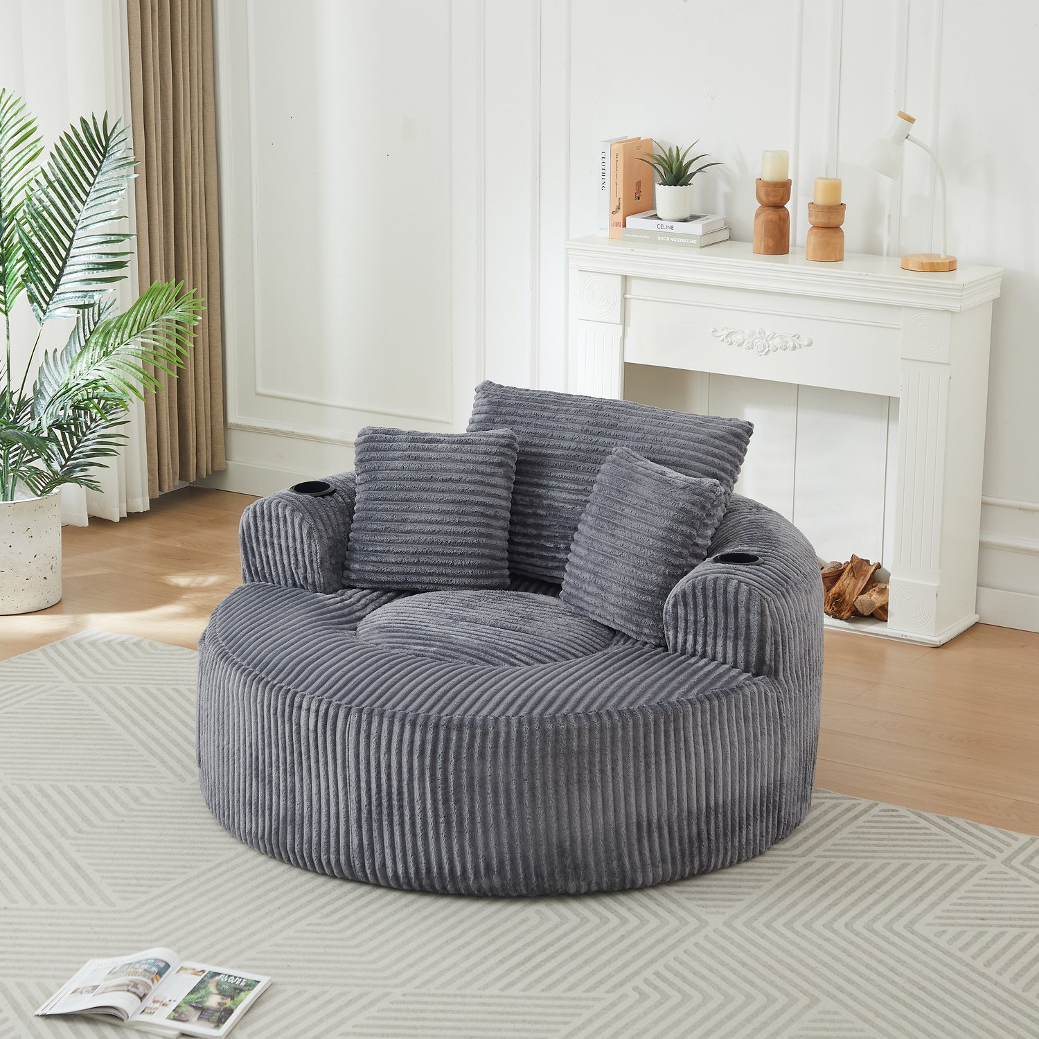 Wishdor Ronde corduroy fauteuil voor één persoon - Zachte zitting met drie kussens - Twee bekerhouders en zijvakken - Ergonomisch design - Woonkamer slaapkamer kantoor - Grijs Grijs(Rond 142 cm)