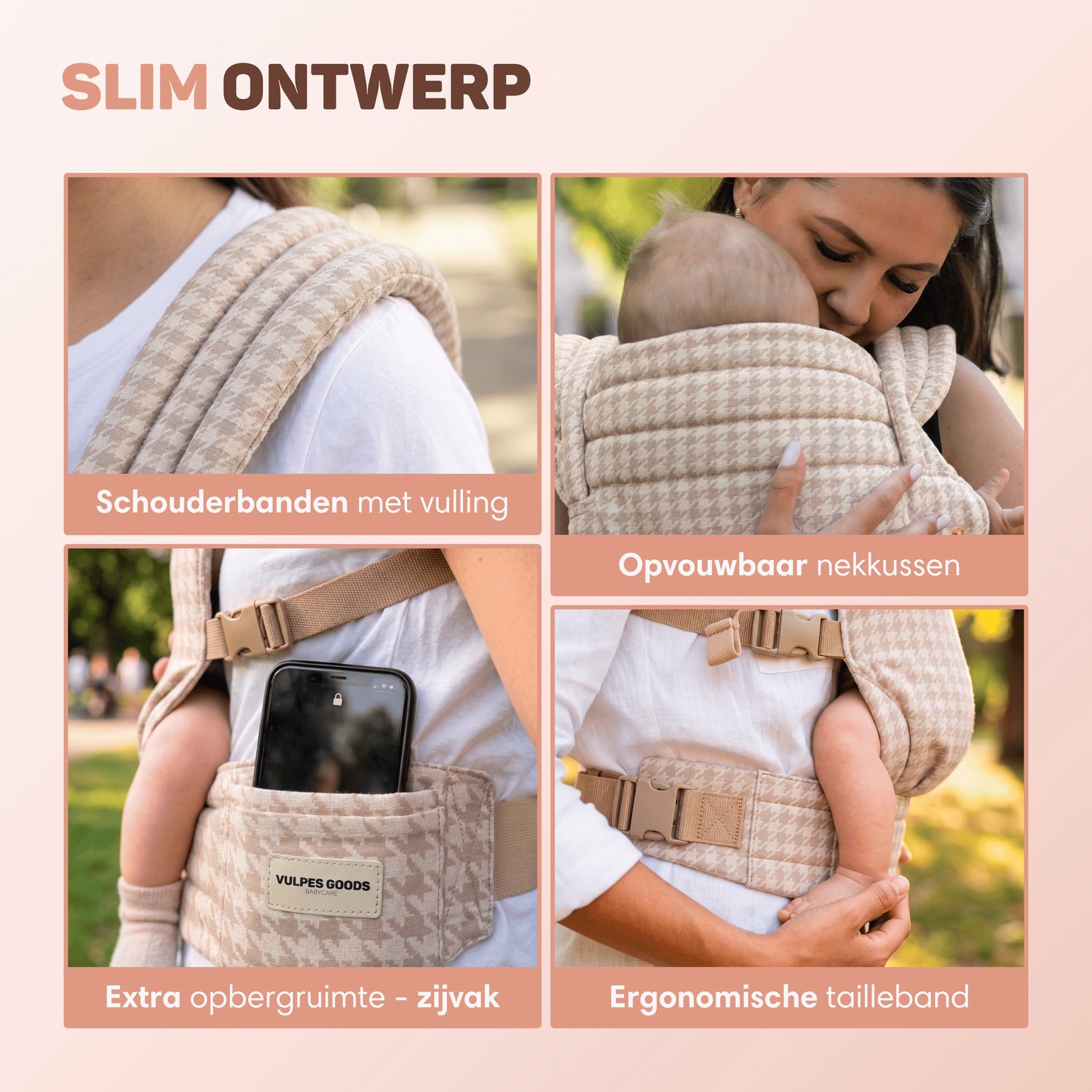 Vulpes Goods® BabyCare - Draagzak – Ergonomische Baby Draagzak 0-36 mnd – Luxe Buikdrager tot 20 kg – OEKO-TEX® Katoen – Handsfree Comfort - Met Rugsteun & M-Positie - Heritage – foto 6