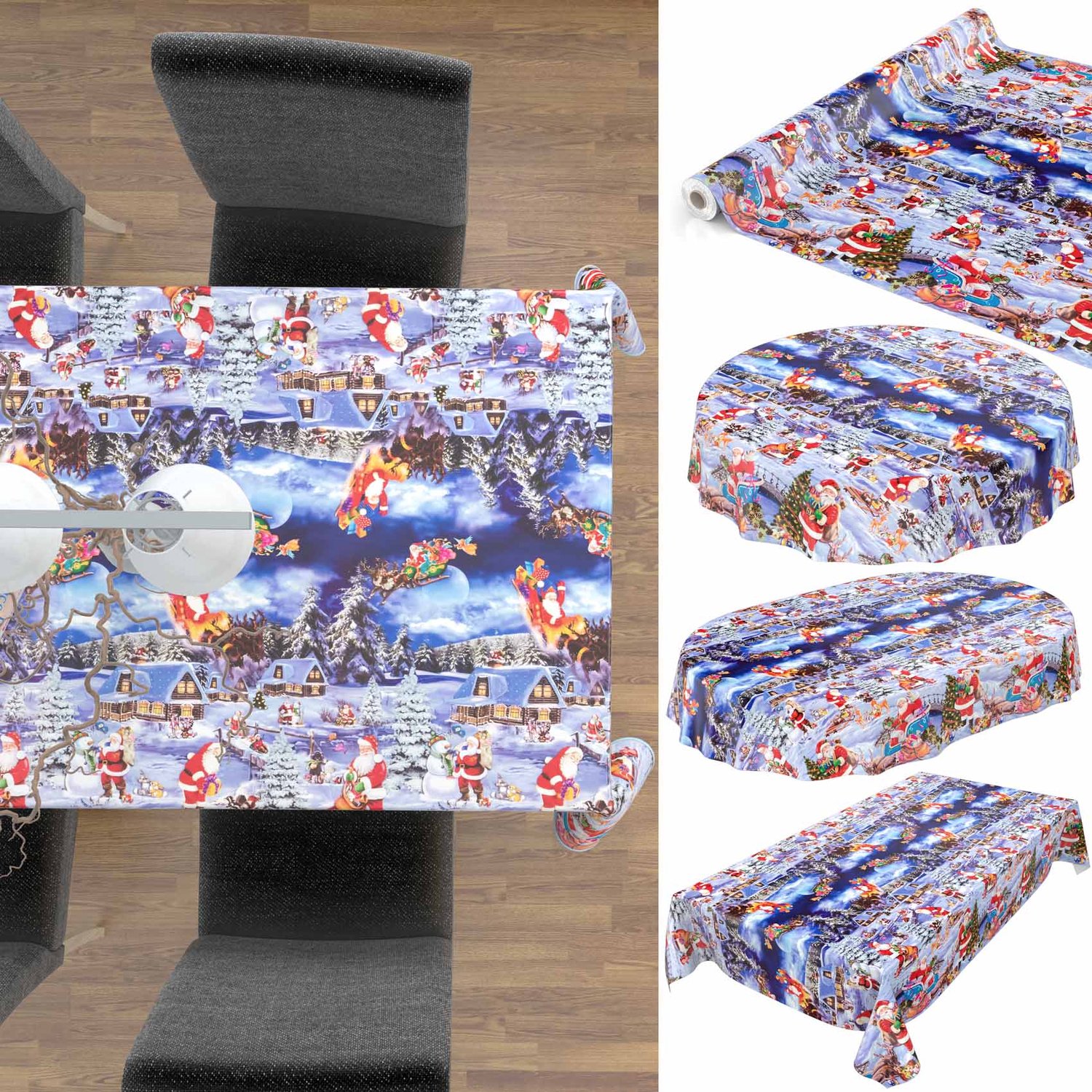 ANRO Tafelzeil op rol Kerstman Winternacht Blauw 140cm x 20m – Afwasbaar Tafelkleed Rechte rand