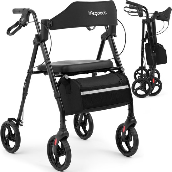 Zwarte LifeGoods rollator met zitje, opbergtas, rugsteun en inklapbaar frame.