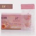 Roze verpakking en bewaarzakje voor moedermelk, 150 stuks, 220ml, met merknaam HONEYYY en honingraatmotief.