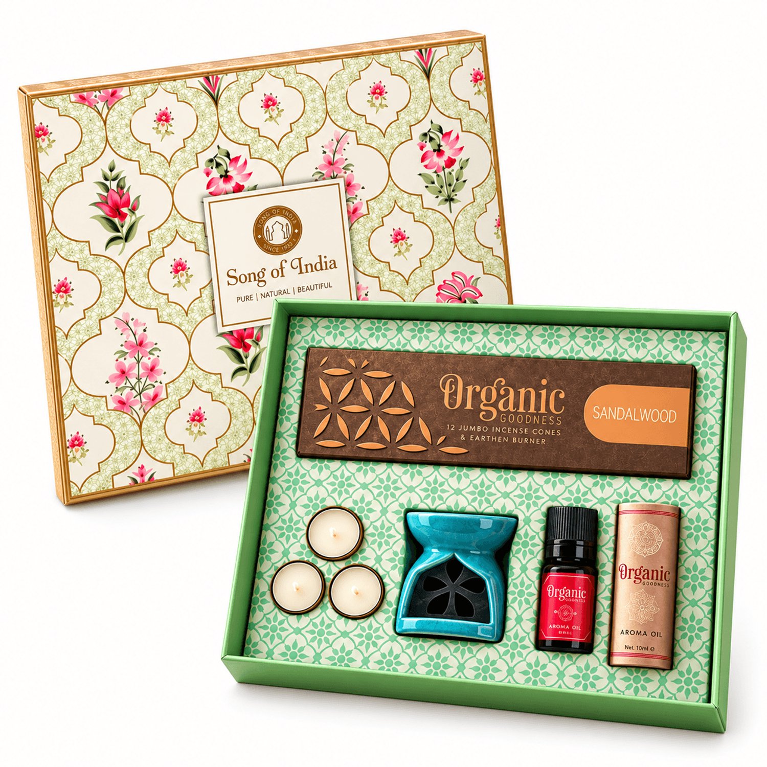 Song of India - Biologische Goodness Geurset Sandelhout Meditatie & Aromatherapie cadeauset– 20 Wierookkegels – Aroma-olie 10 ml – Keramische Brander – 3 Waxinelichtjes – Cadeauset