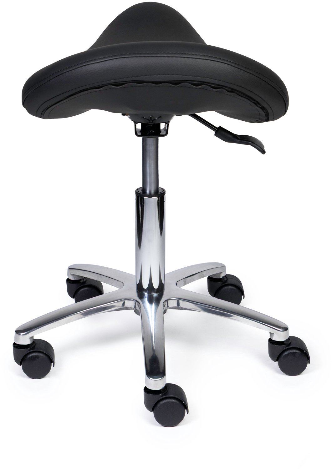 Ergonomische Zadelkruk Premium Zwart op Wielen Hoge uitvoering (70-84cm) / Met voetensteun / Standaard wielen
